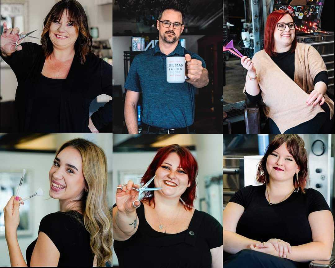 Collage of six smiling hairstylists holding scissors and tools in a salon setting.